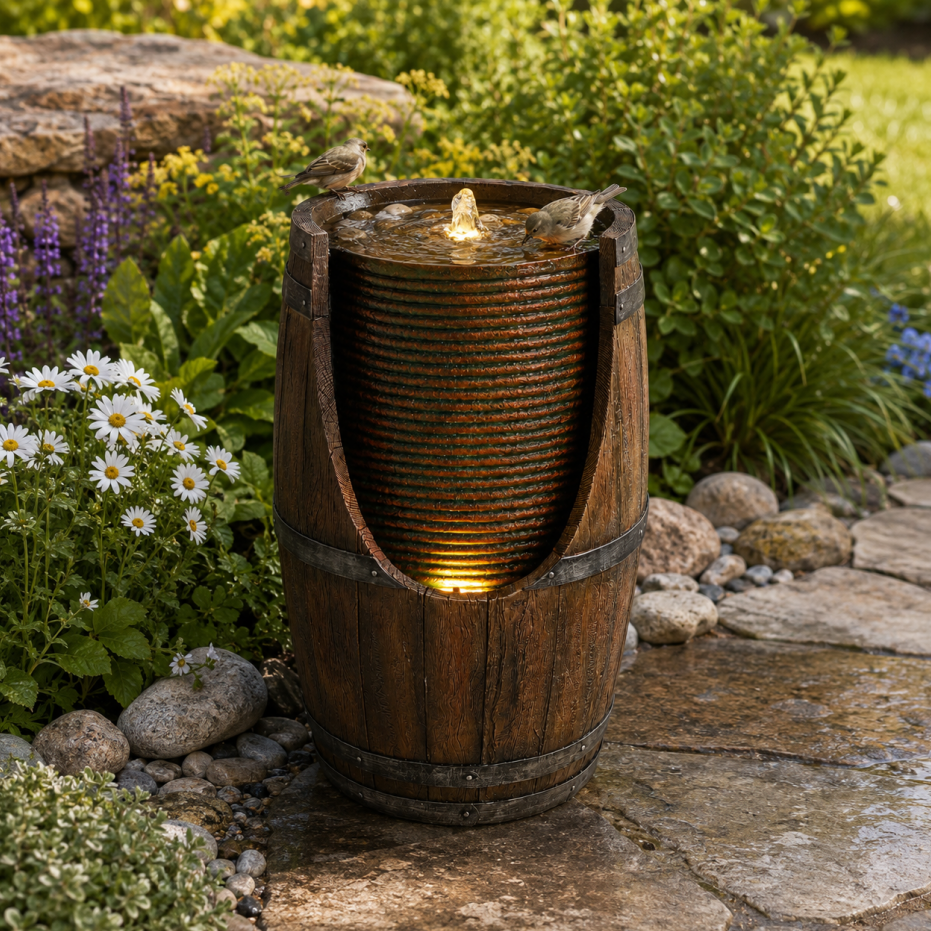 Outdoor Barrel Water Fountain With Lights Rustic Wood Look Resin Handmade Waterfall Garden Decor For Patio Yard Porch — foto 14