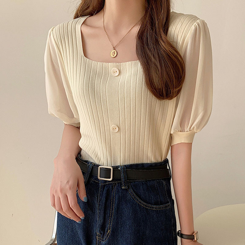 Title 3, Sleeves Splicing Square Neck T-Shirt Tops Fashi...