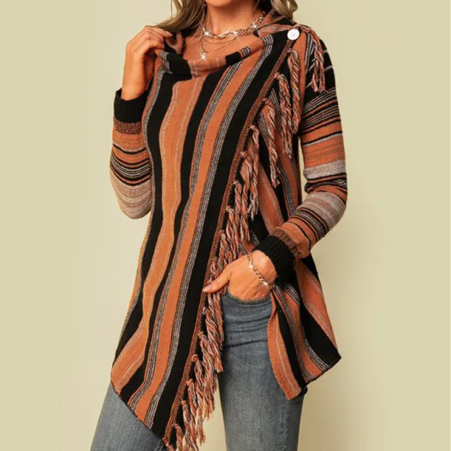Sweater Medium Length Fashionable Tassel Women Deep Stripe - Shop at LoveMi
