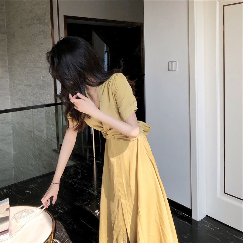 Light Yellow Long Skirt French Bellflower Waist Dress