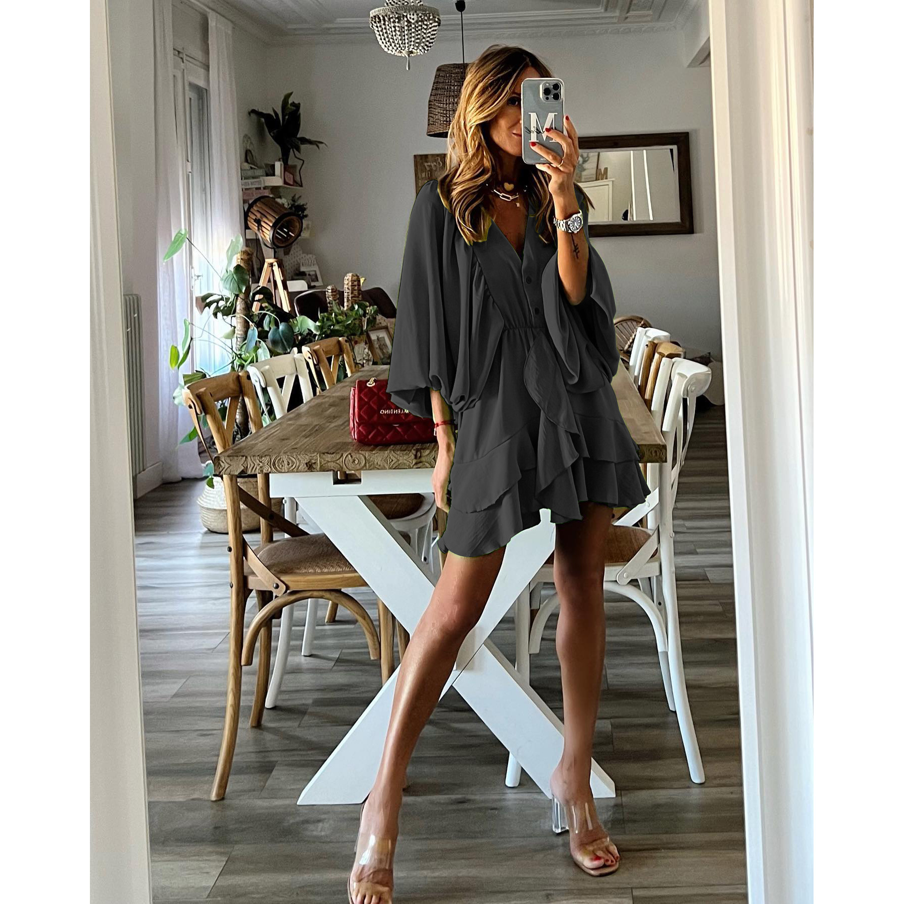 Fashionable V-neck Puff Sleeve Ruffle Skirt