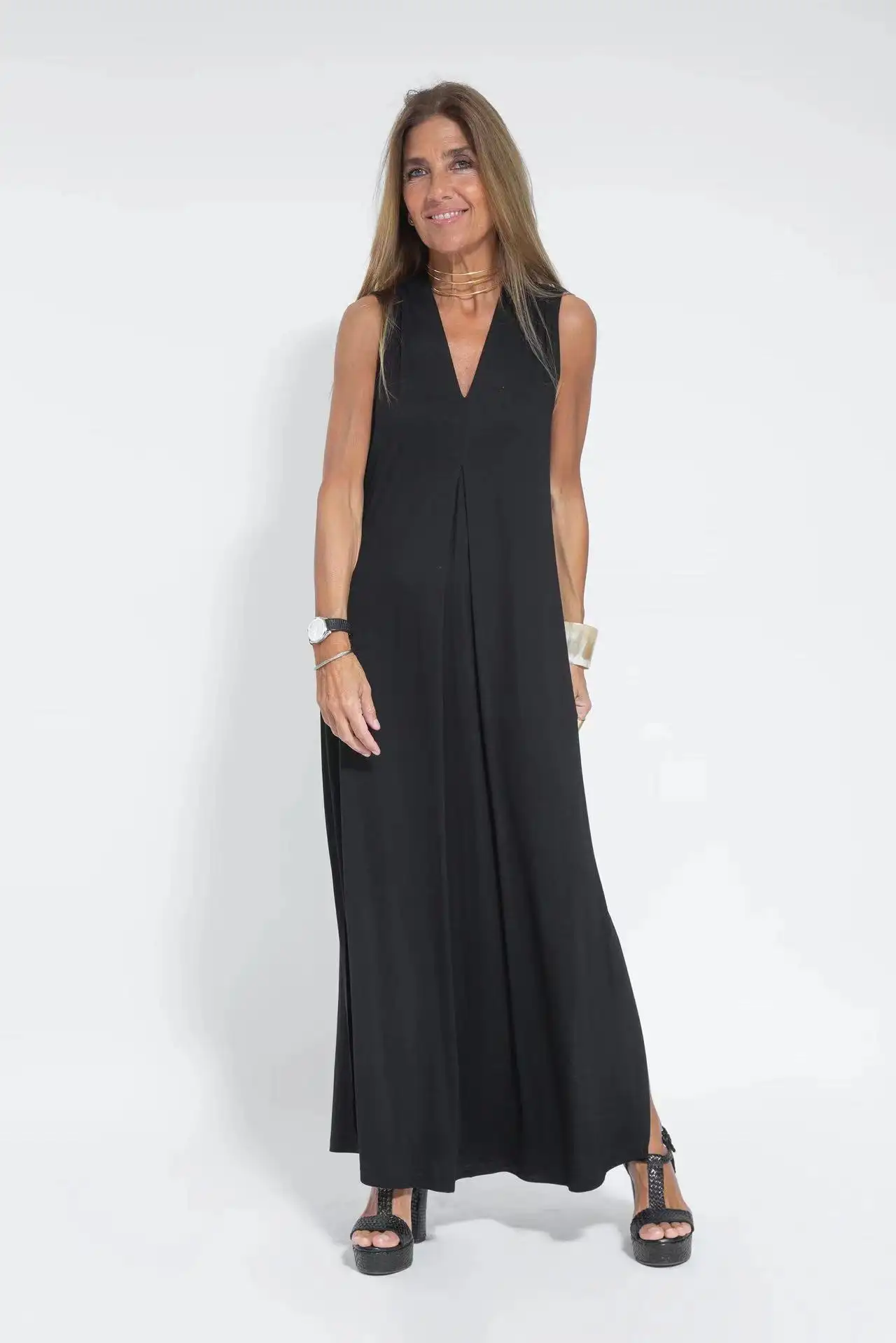 Summer Fashion V-neck Solid Color Long Dress