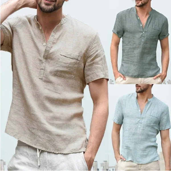 Casual Linen Solid Color Shirt Button V Neck Beach