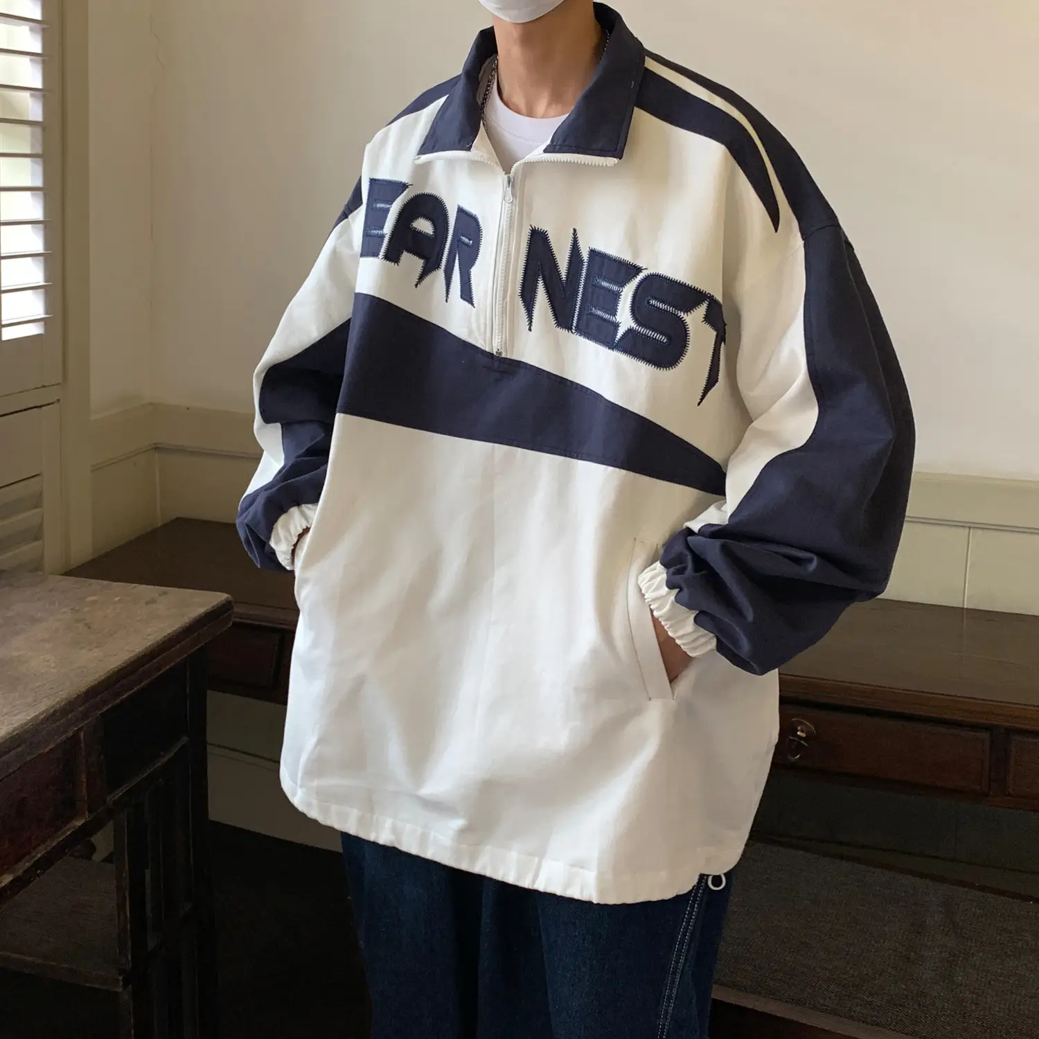 American Retro Street Colorblock Embroidered Pullover Jacket