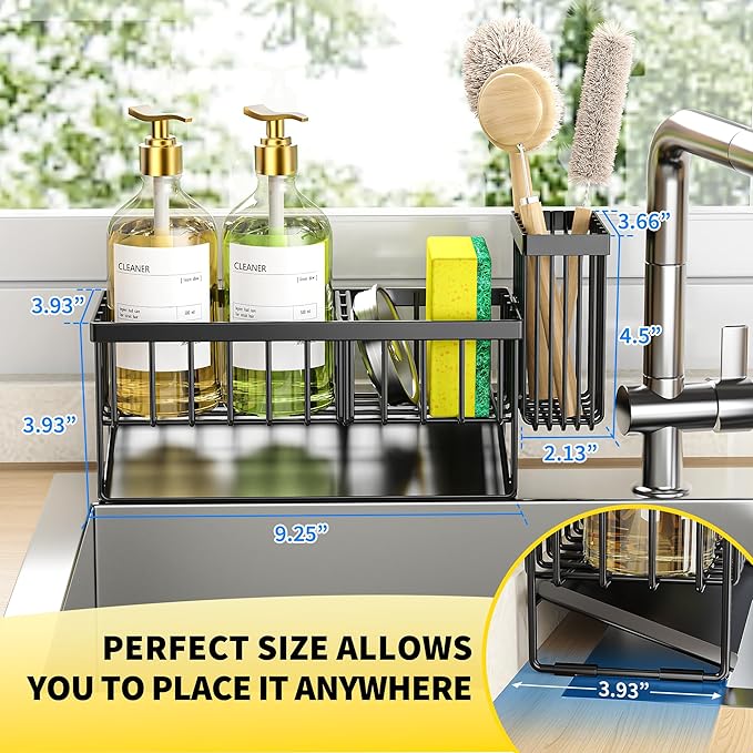 Black Stainless Steel Kitchen Sink Caddy With High Brush And Sponge Holder, Rustproof Countertop Organizer