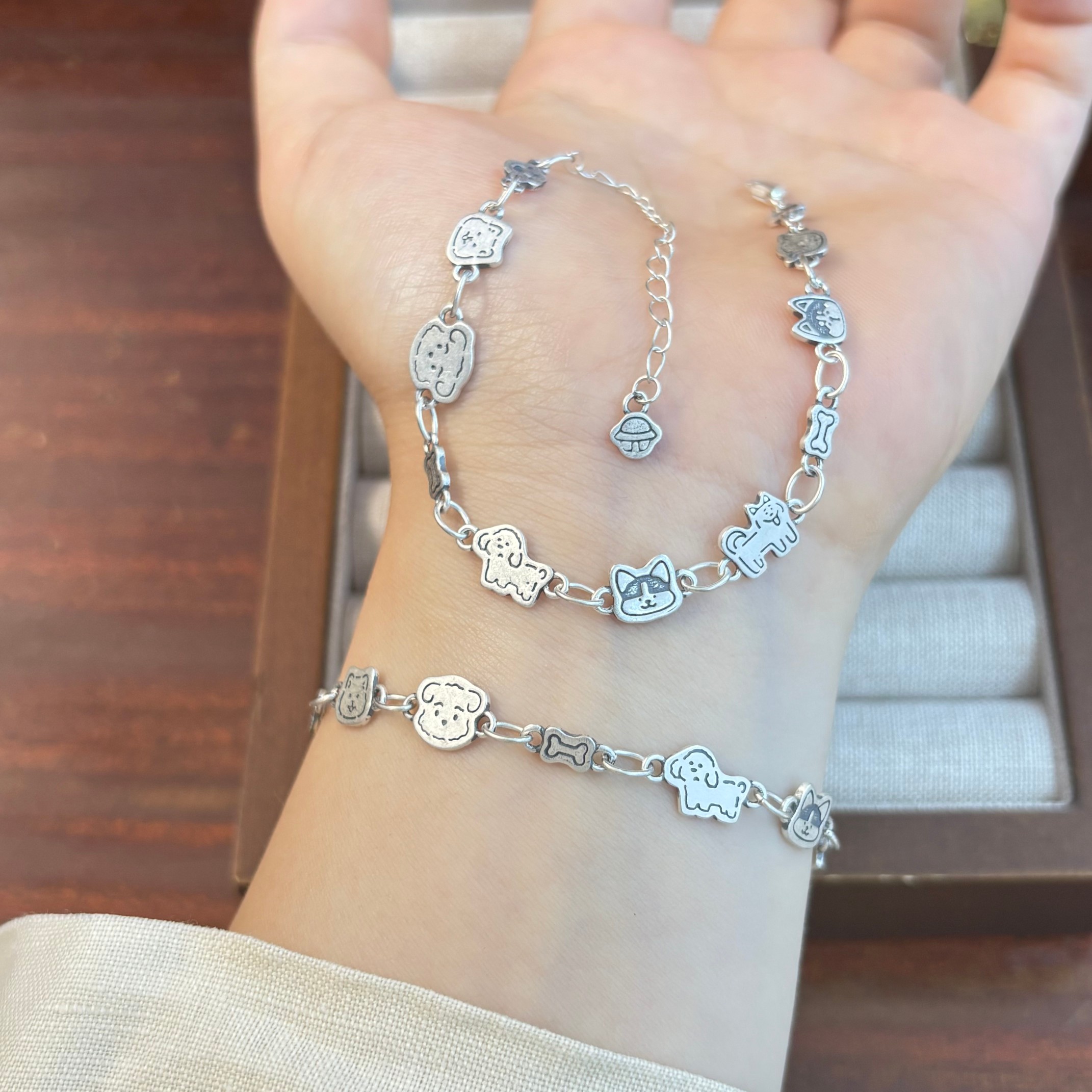 1pc 999 Sterling Silver Cute Cat & Dog Charm Bracelet, Retro Cartoon Style, Perfect For Daily Wear And Valentine's Gift