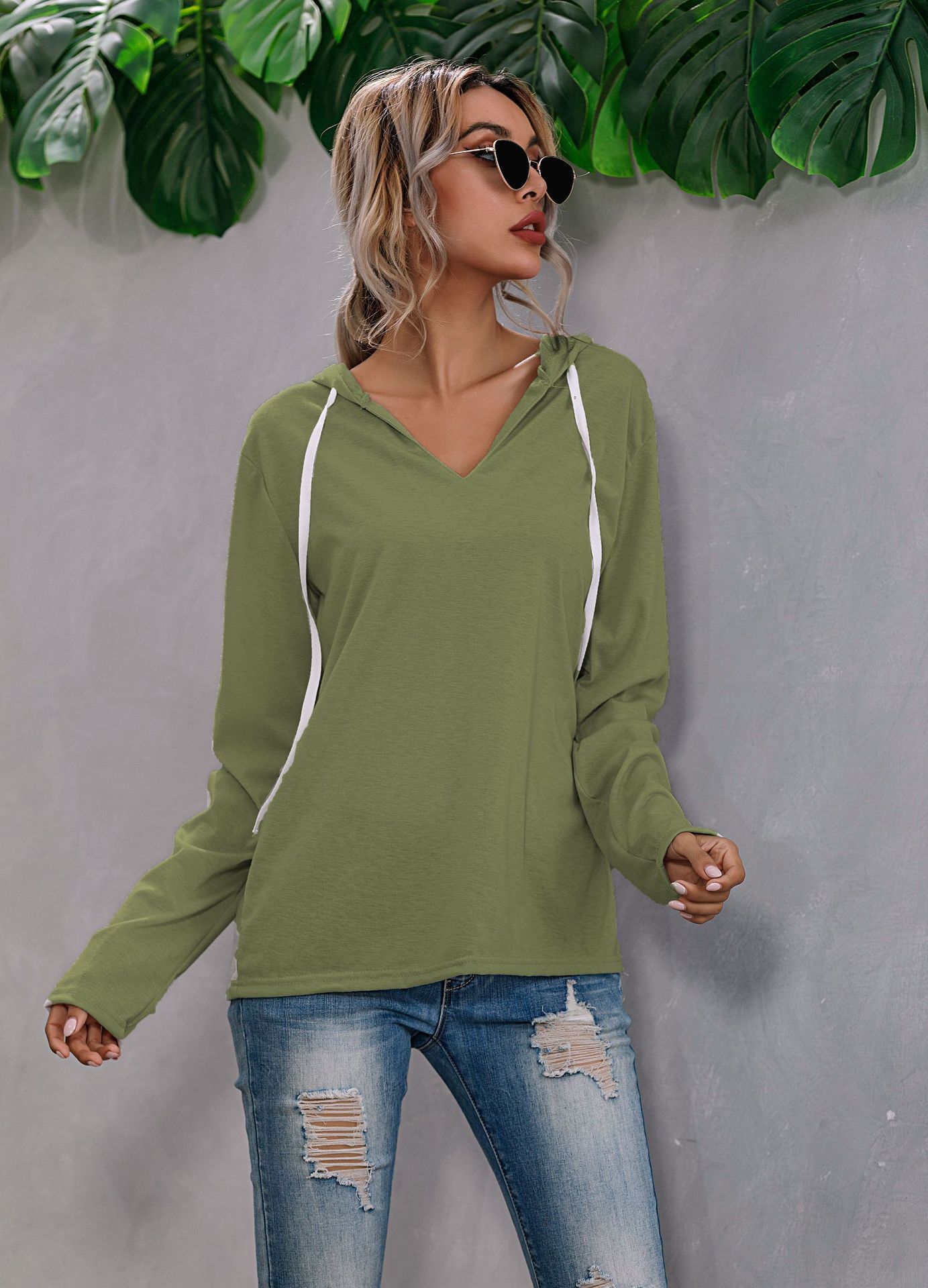 Title 6, Drawstring V-neck Fleece Bottoming Shirt Hooded...