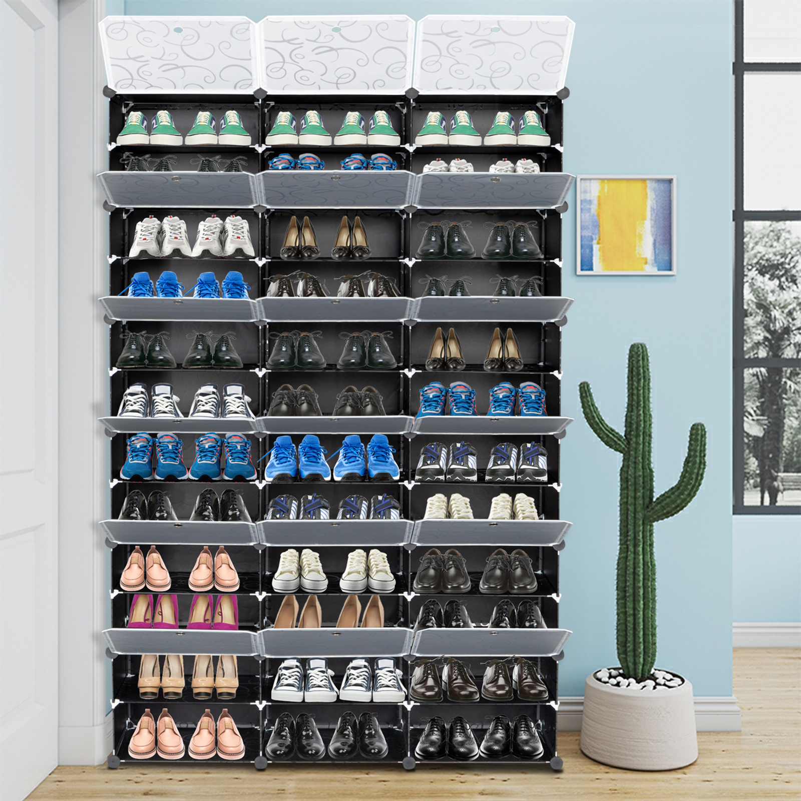 12-Tier Portable 72 Pair Shoe Rack Organizer 36 Grids Tower Shelf Storage Cabinet Stand Expandable For Heels, Boots, Slippers, Black - Image 4