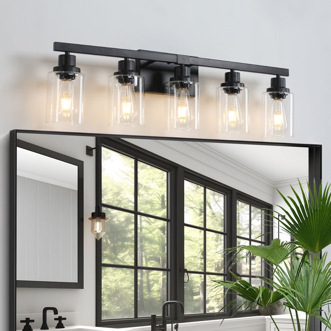 31  Modern Black 5-Light Bathroom Vanity Light Fixture, Industrial Wall Sconce With Clear Glass Shades For Mirror, Bathroom, Bedroom, And Hallway --No Bulbs