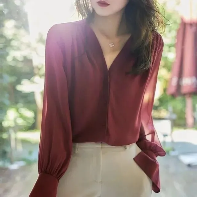 Vintage Simple Slim V neck Long Sleeve Temperament Shirt Wine Red - Shop at LoveMi