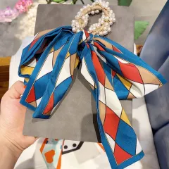 Ribbon Pearl Hair Ring Bowknot Rubber Band Women - Blue Plaid - View 1