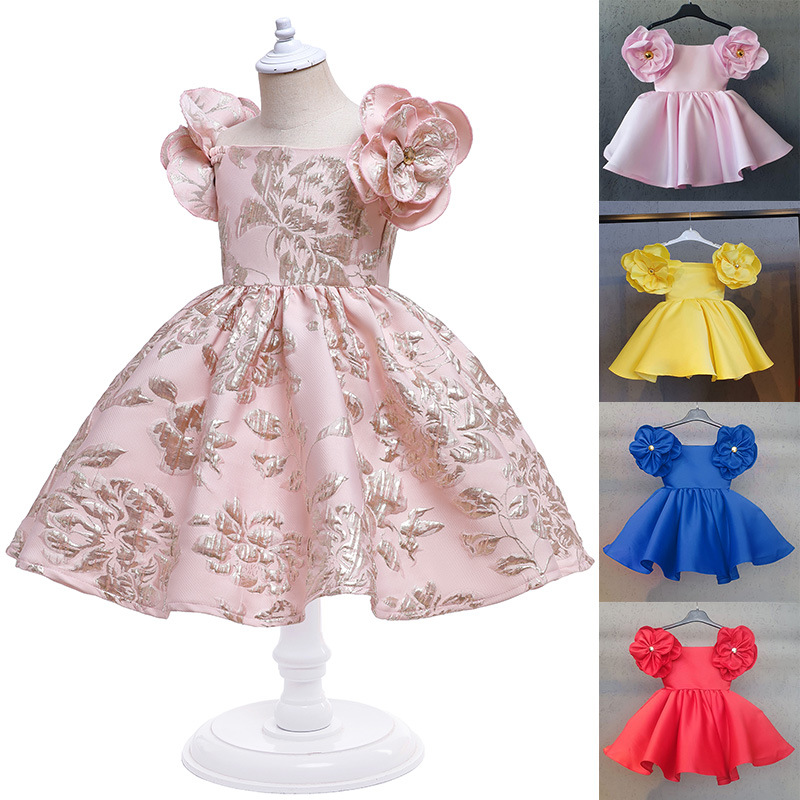 Jacquard Embroidered Shoulder Flowers Retro European And American Girls Children's Dresses