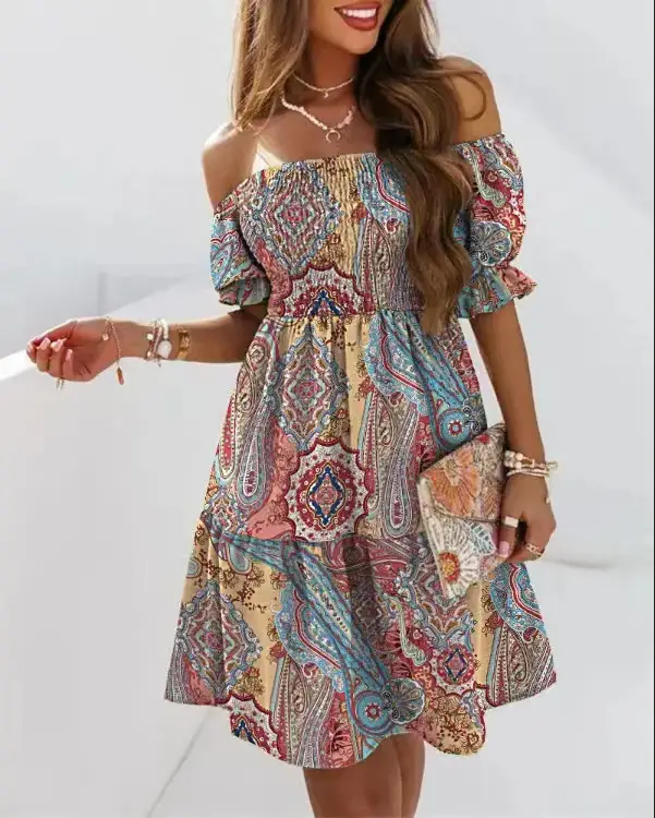 Short Sleeve T-Shirt Neck Waist Pleated Women's Print Dress