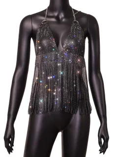 Slim Fit Back European And American Fishnet Rhinestone Tassel Camisole - Black - View 1
