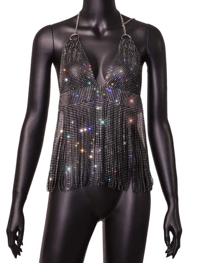 Slim Fit Back European And American Fishnet Rhinestone Tassel Camisole Black - Shop at LoveMi