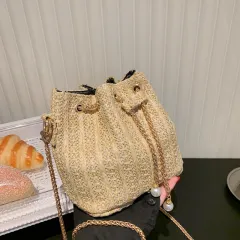 Straw Drawstring Bucket Fashion Girl Bag - Khaki - View 1