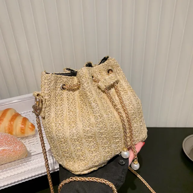 Straw Drawstring Bucket Fashion Girl Bag Khaki - Shop at LoveMi
