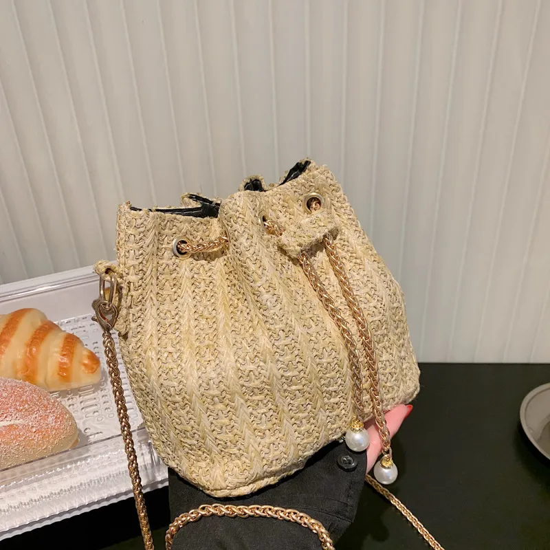 Straw Drawstring Bucket Fashion Girl Bag - Khaki