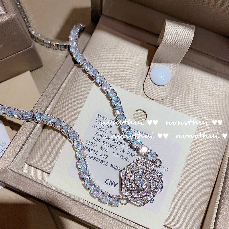 Camellia Zircon Full Diamond Clavicle Chain Tassel Earrings