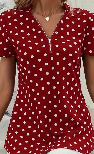 Polka Dots Print V Neck Blouse, Elegant Zipper Front Short Sleeve Blouse For Spring & Summer, Women's Clothing Burgundy - Shop at LoveMi