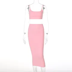 Two-piece Solid Color Sling Wrapped Chest Midi Skirt - Pink - View 1