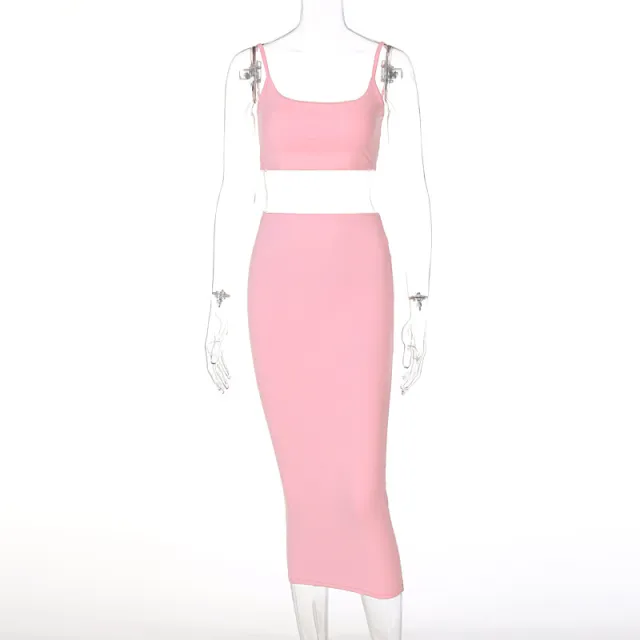 Two piece Solid Color Sling Wrapped Chest Midi Skirt Pink - Shop at LoveMi
