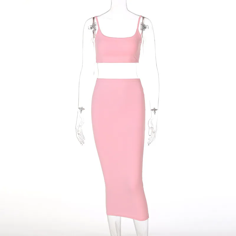 Two-piece Solid Colour Sling Wrapped Chest Midi Skirt - Pink