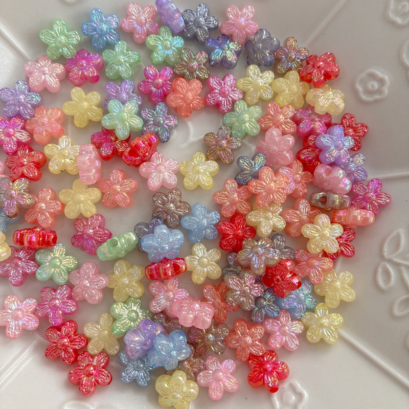 10mm Mixed Color Acrylic Five-Petal Flower Beads, AB Gold Powder Finish, Straight Hole Loose Spacer Beads For Jewelry Making DIY