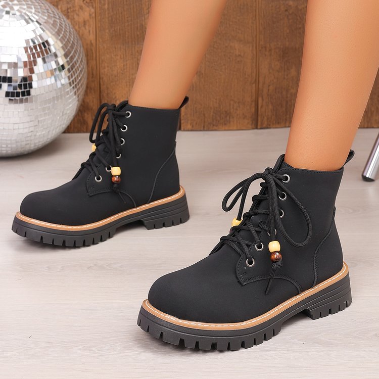 Cross-Border Plus Size Combat Boots Women, Spring Autumn New Arrival British Style Platform Round Toe Lace-Up Beaded Retro Utility Ankle Boots