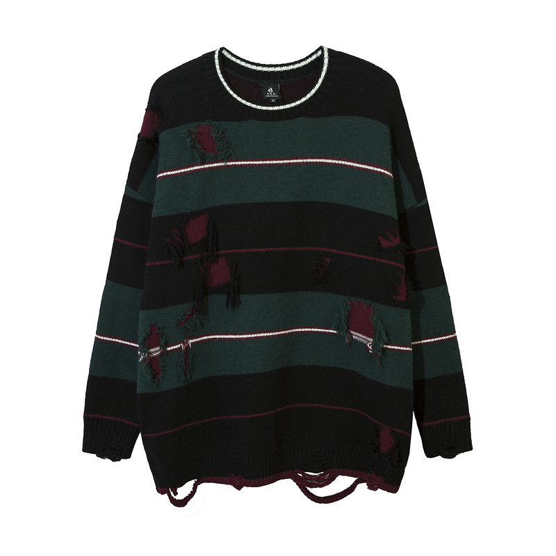 American High Street Dark Ripped Knitted Striped Sweater