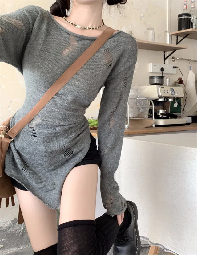 Slim Fit Ripped Round Neck Sweater Gentle Autumn Long sleeved Inner Top Grey - Shop at LoveMi