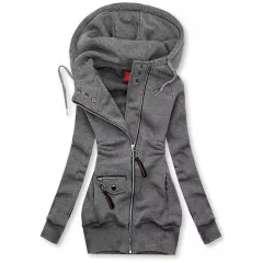Women's Solid Colour Long Sleeve Zip-Front Drawstring Hooded Jacket With Pockets Slim Fit Pleated Detail Top For Spring&Fall - Grey - View 1
