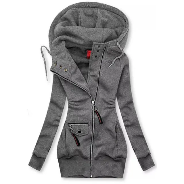 Women's Solid Color Long Sleeve Zip Front Drawstring Hooded Jacket With Pockets Slim Fit Pleated Detail Top For Spring&Fall Gray - Shop at LoveMi