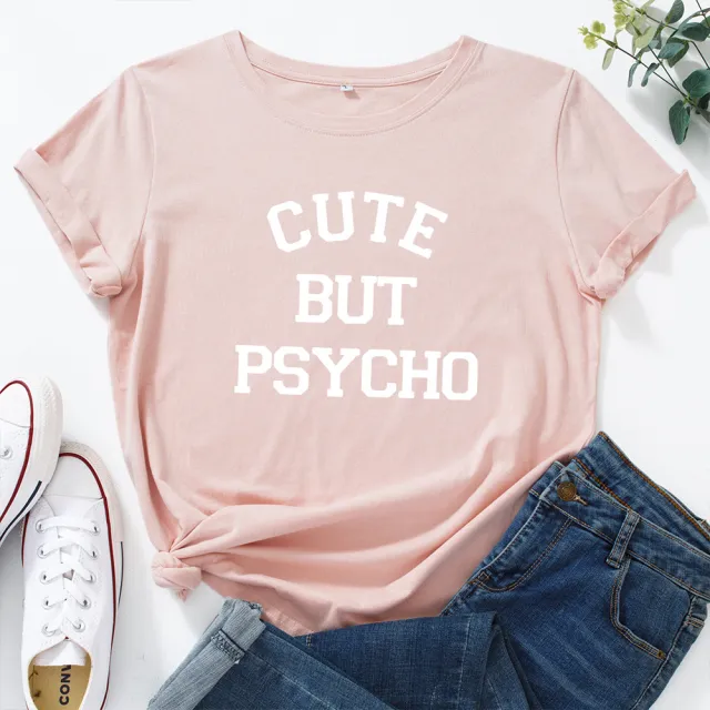 Women's Loose Round Neck Creative Letter Short sleeved T shirt Light Pink - Shop at LoveMi
