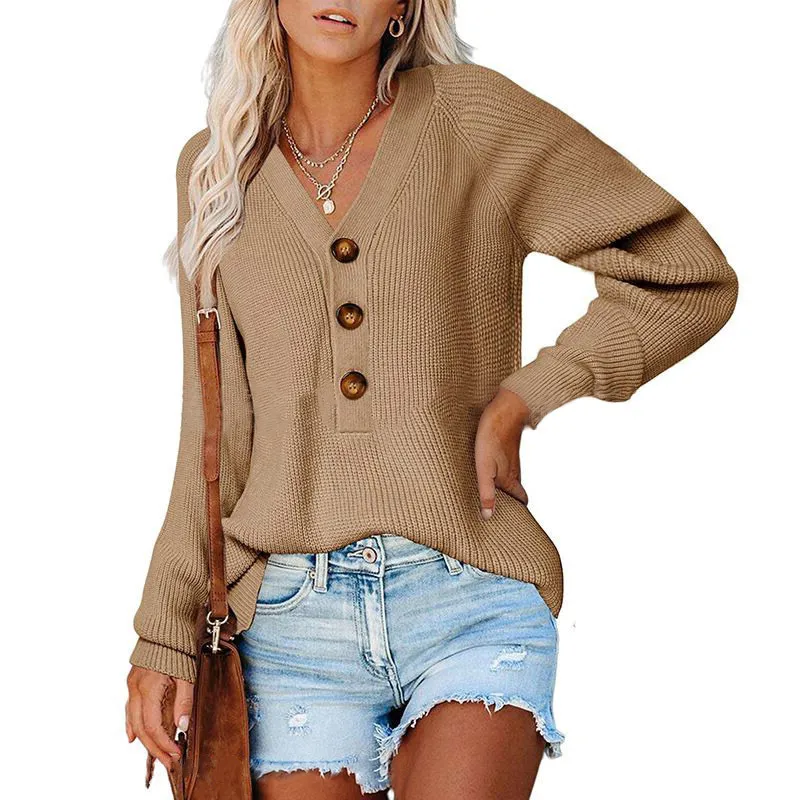 New Button New Knitted V-neck Sweater Women - Khaki