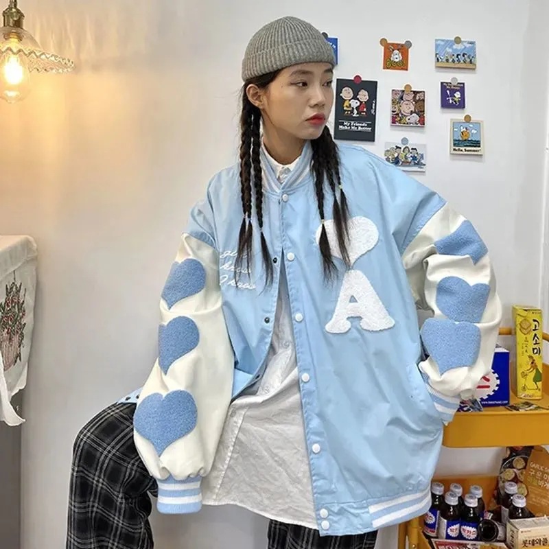 Stitching Heart Embroidery Loose Student Jacket Trendy Blue - Shop at LoveMi
