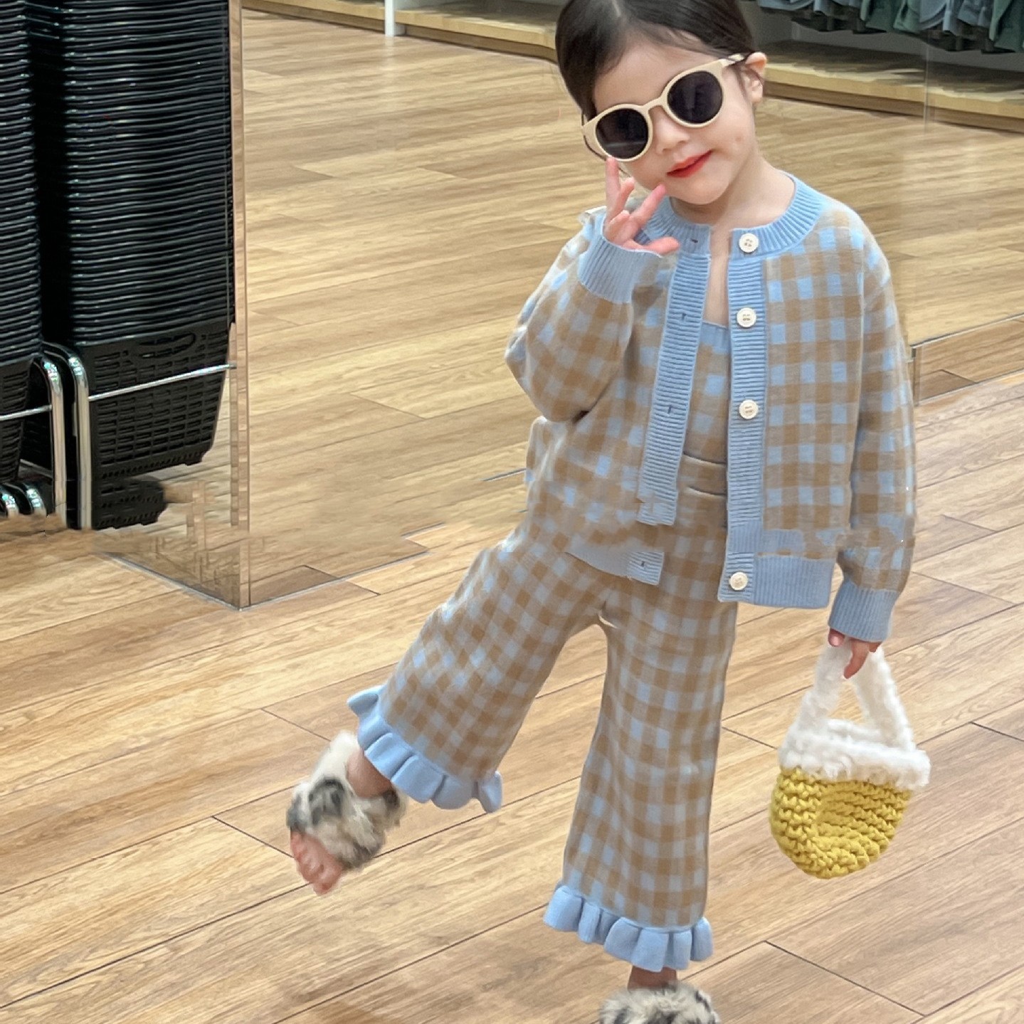 Knitted Cardigan Sweater With Suspenders Pants Three-piece Set