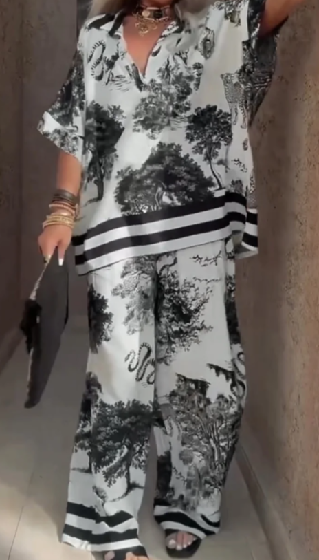 Tropical Resort Style Floral Print Loose Wide-leg Pants Suit For Women