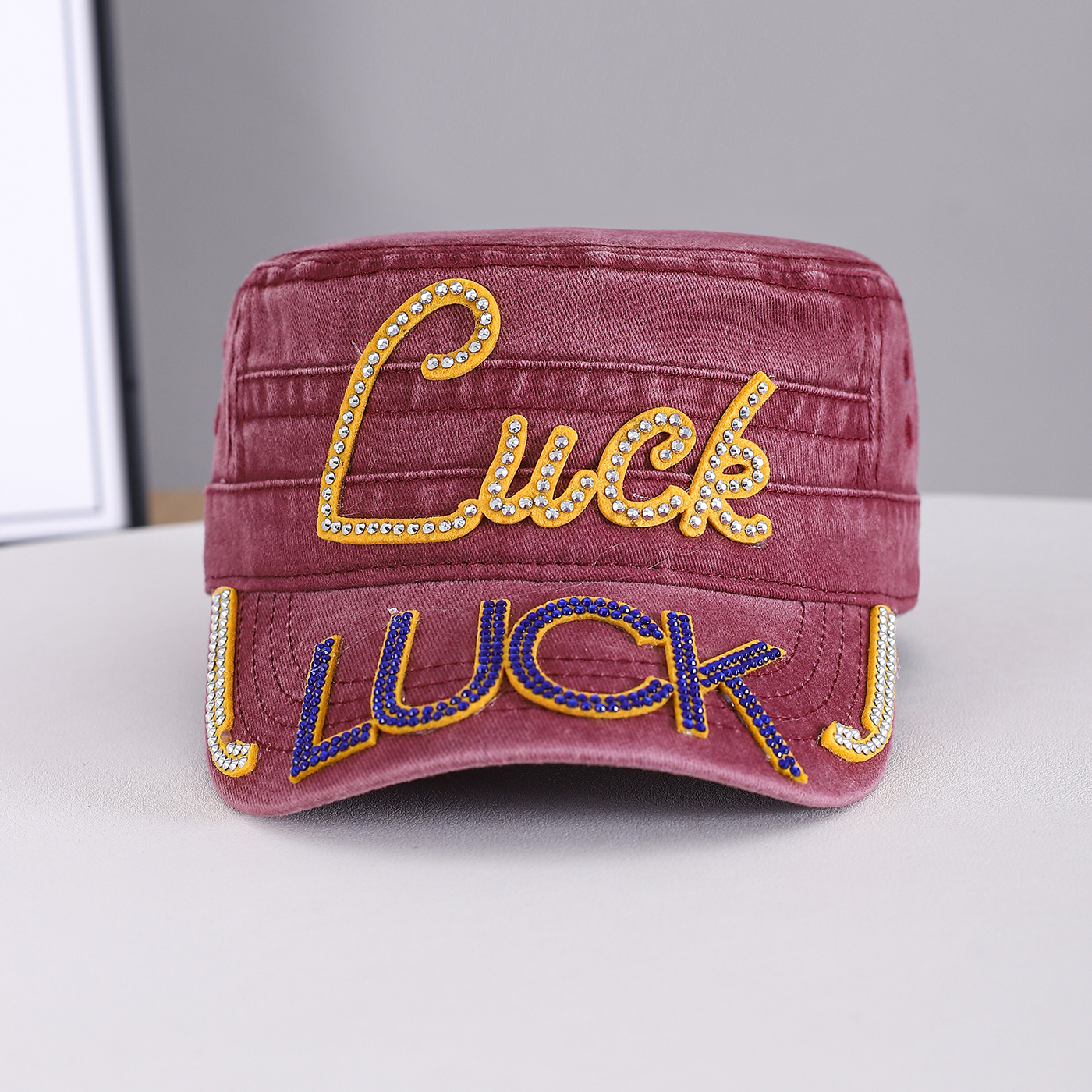 Summer Men's Solid-color Rhinestone-embroidered Letter  LUCK Water-washed Retro Sun-protective Street Fashion Hat For Gatherings, Street Dance, Casual