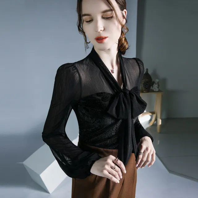 Lantern Sleeves Lace Up Top New Western Style Underlay Black - Shop at LoveMi