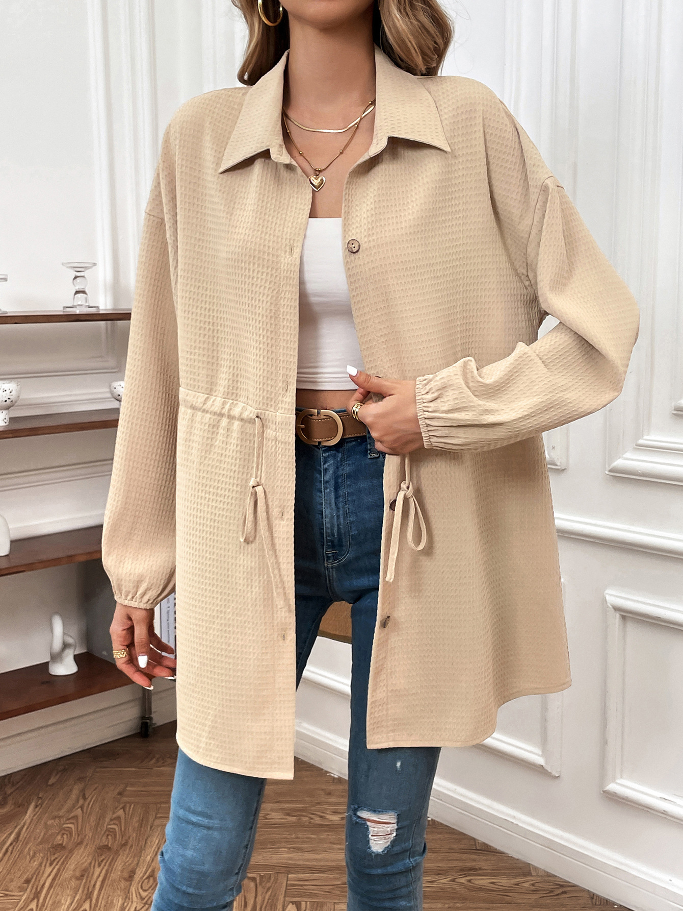 Women's Fashionable Elegant Drawstring Waist Loose Long Sleeve Top