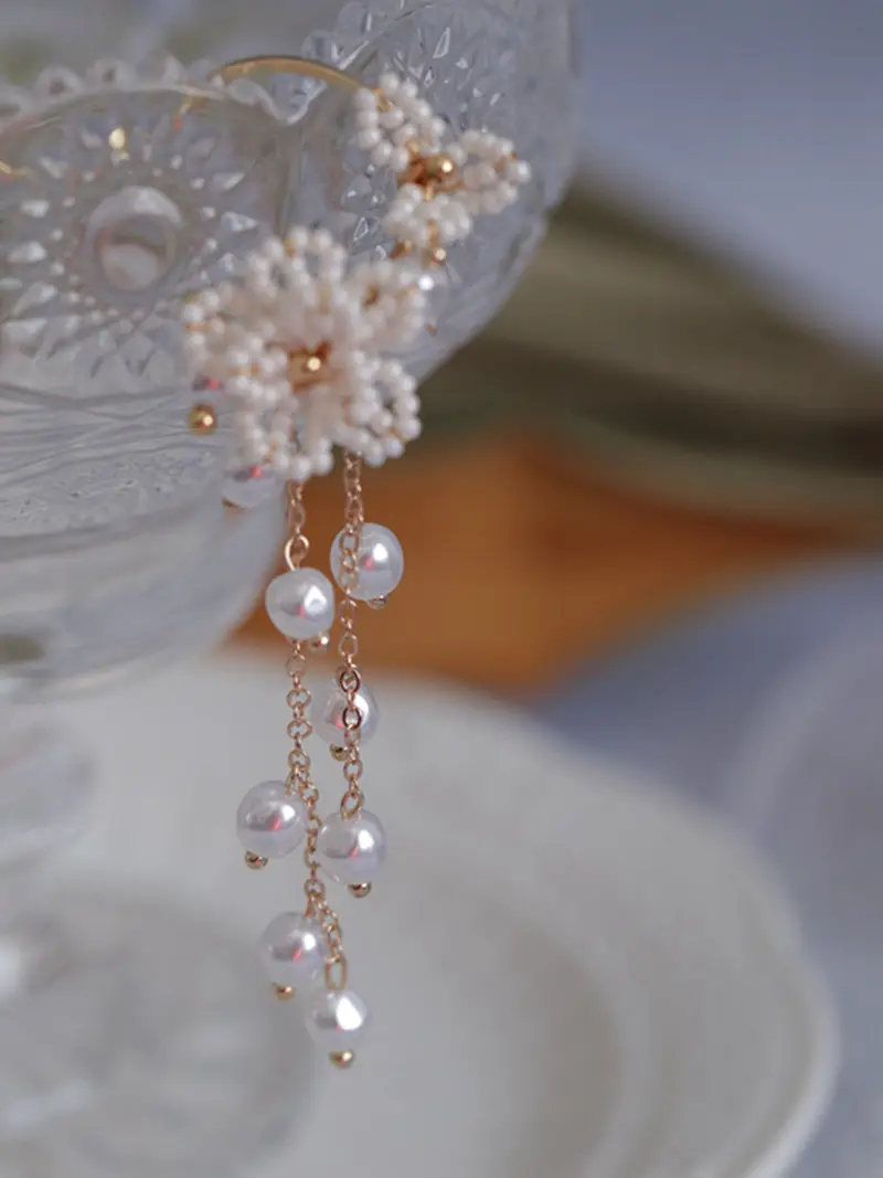 Women's Rice Pearl Flower Tassel Earrings