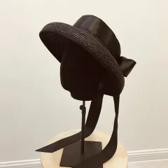 Hepburn Wind Big Ribbon Bowknot Elegant Retro Hollow Top Beach Straw Hat Girl - Black - View 1