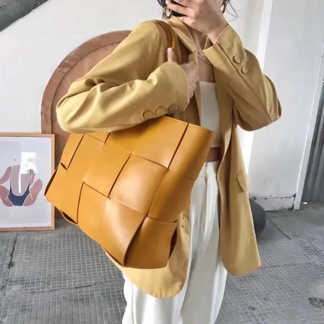 European And American Woven Leather Block Tote Bun Mother And Child Bag Female Bag Camel - Shop at LoveMi