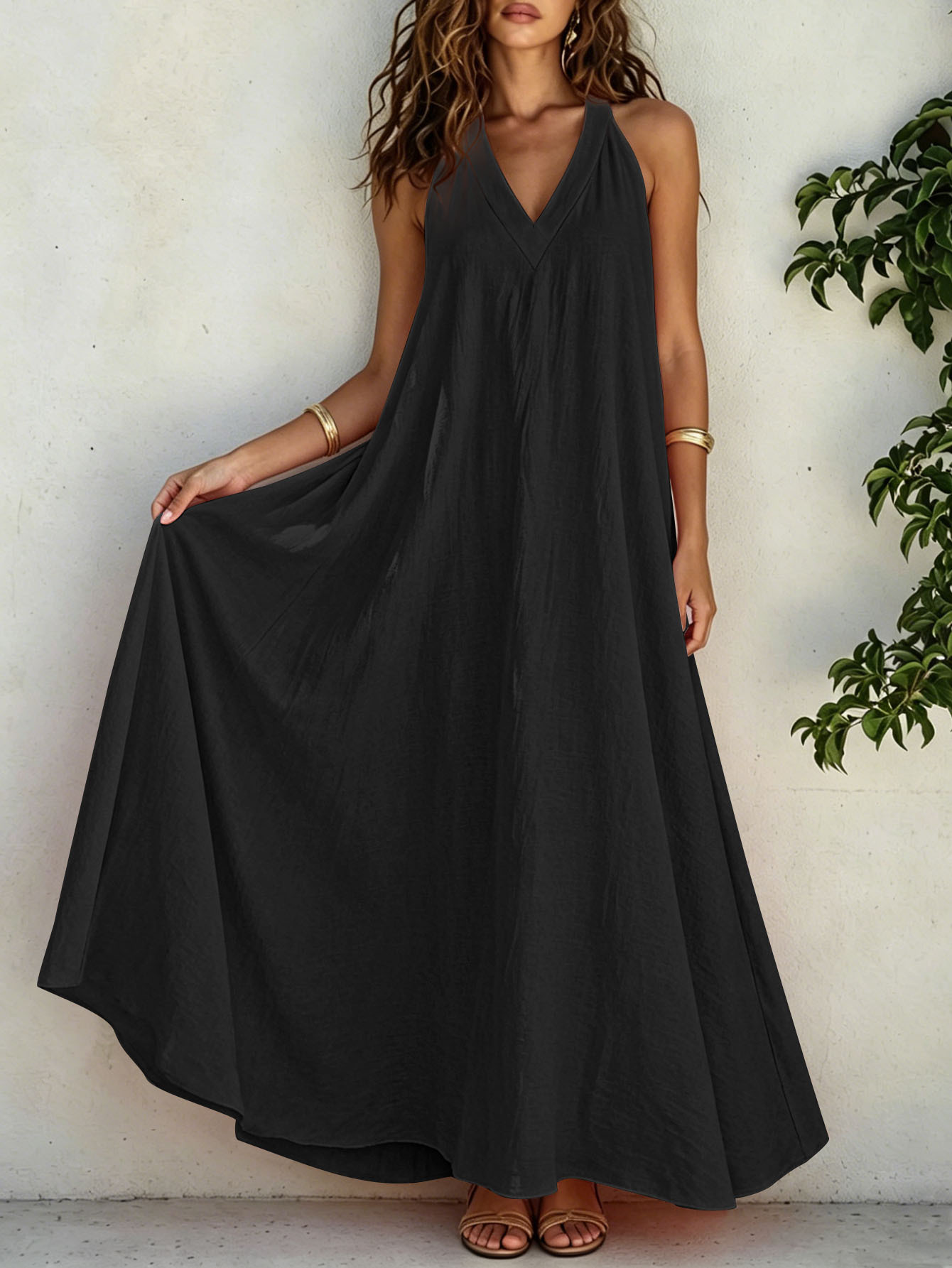 Women V Neck Sleeveless Maxi Dress Pocket Casual Beach Summer Dress