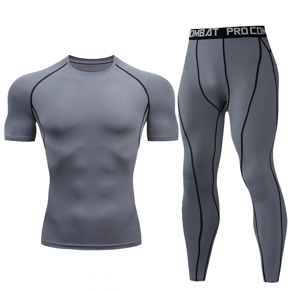 Men 2Pcs Fluorescent Green Compression Set Quick Dry Short Sleeve Tight Shirt Long Leggings Elastic Waist Sports Suit Gym Running Basketball Training Base Layer Underwear
