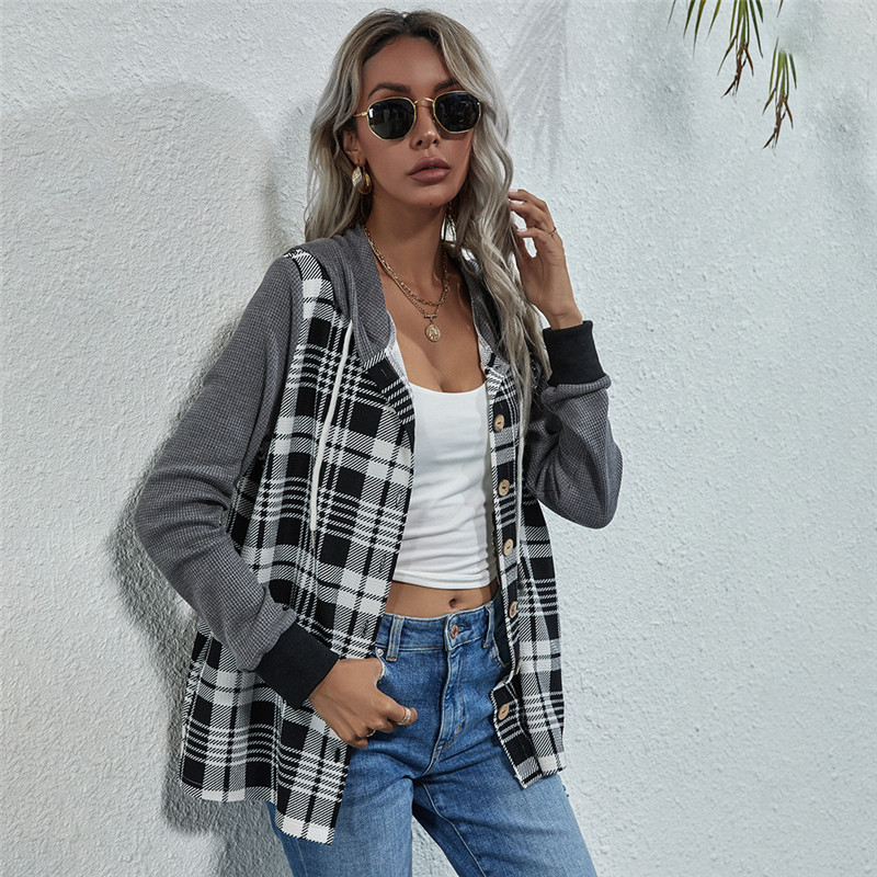 Lapel Check Long-sleeved Single-breasted Hooded Sweatshirt