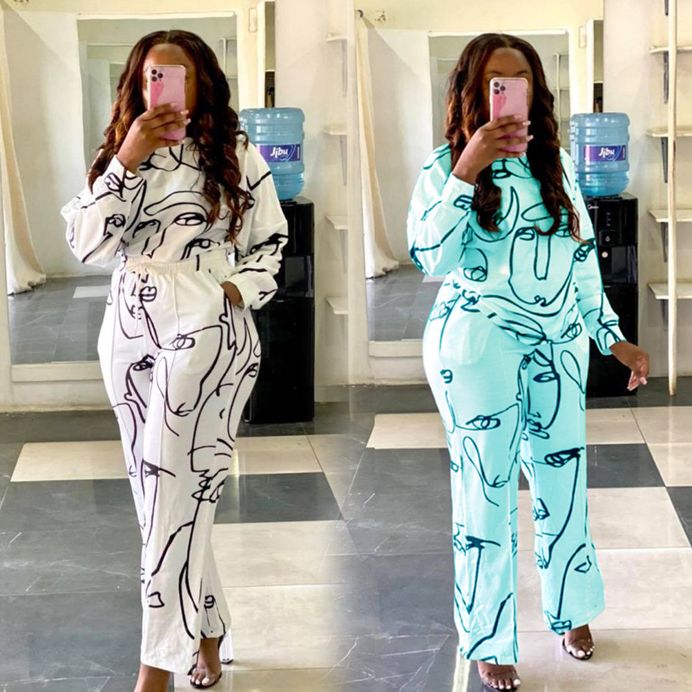 Women's Long Sleeve Face Print Loose Casual Suit