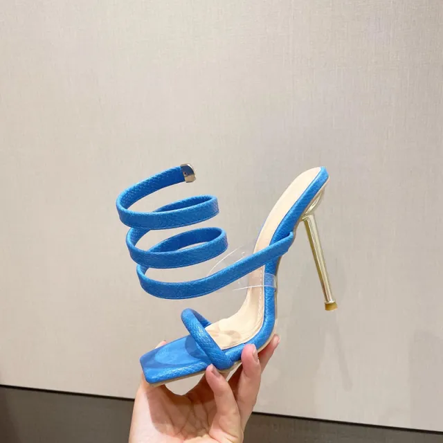 Summer New Roman Snake Wrap Square Toe Stiletto Sandals Blue - Shop at LoveMi