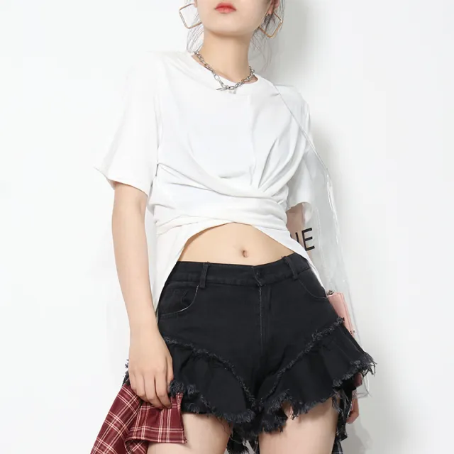 Solid Color Irregular Straps Personality Round Neck Casual TOp White - Shop at LoveMi